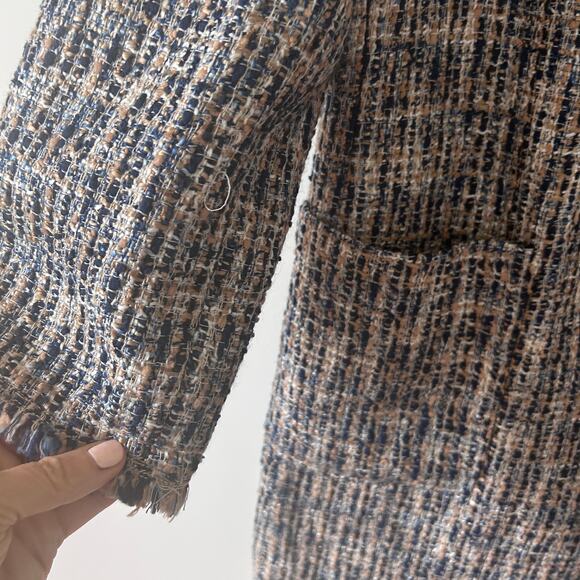 J. McLaughlin Navy Blue and Gold Tweed Fringed Walden Coat Size XL - Picture 4 of 5